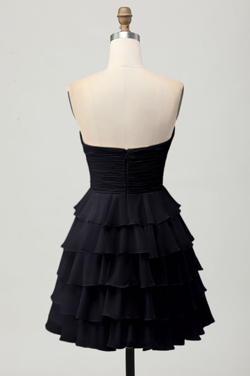 Black Sweetheart A Line Tiered Short Cocktail Dress with Bow